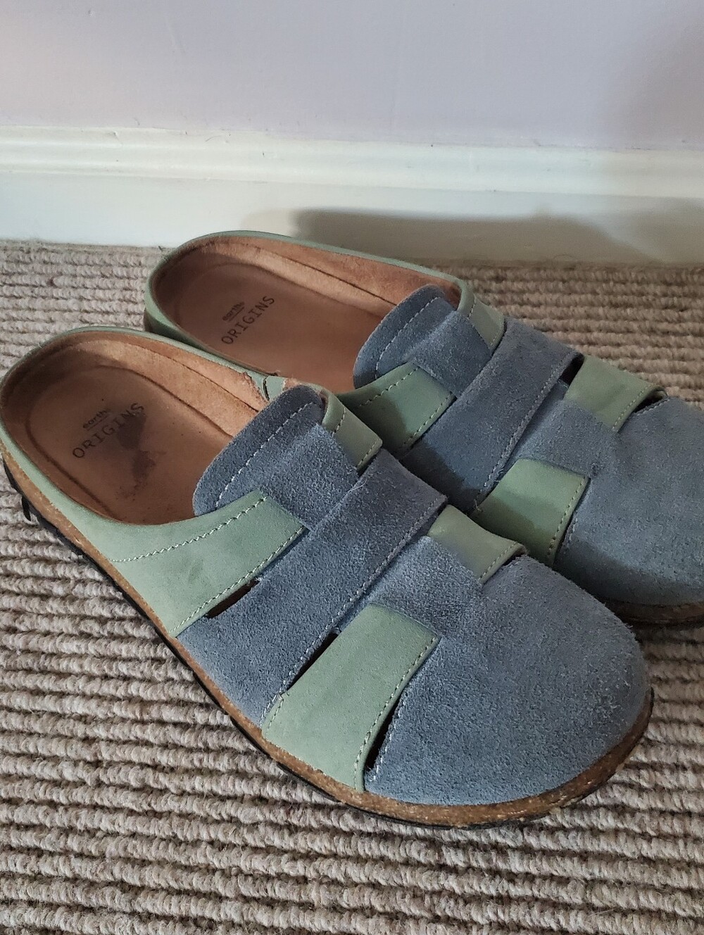 Earth Origins Two-Tone Mint Green and Blue Suede Slip-On Clogs